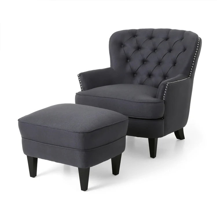 Living RoomTufted Simple Design Upholstered Line Fabric Barrel Armchair With Ottoman