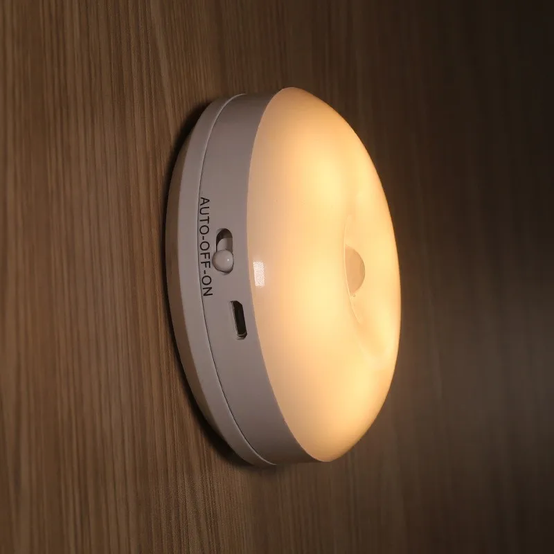 Wireless Round Motion Sensor LED Night Light USB Charging Cabinet Night Lamp Bedside Lights For Bedroom Home Closet Lighting