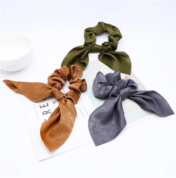 Cute Rabbit Ear Hair Ties silk Bow Scrunchies Solid Color for girls
