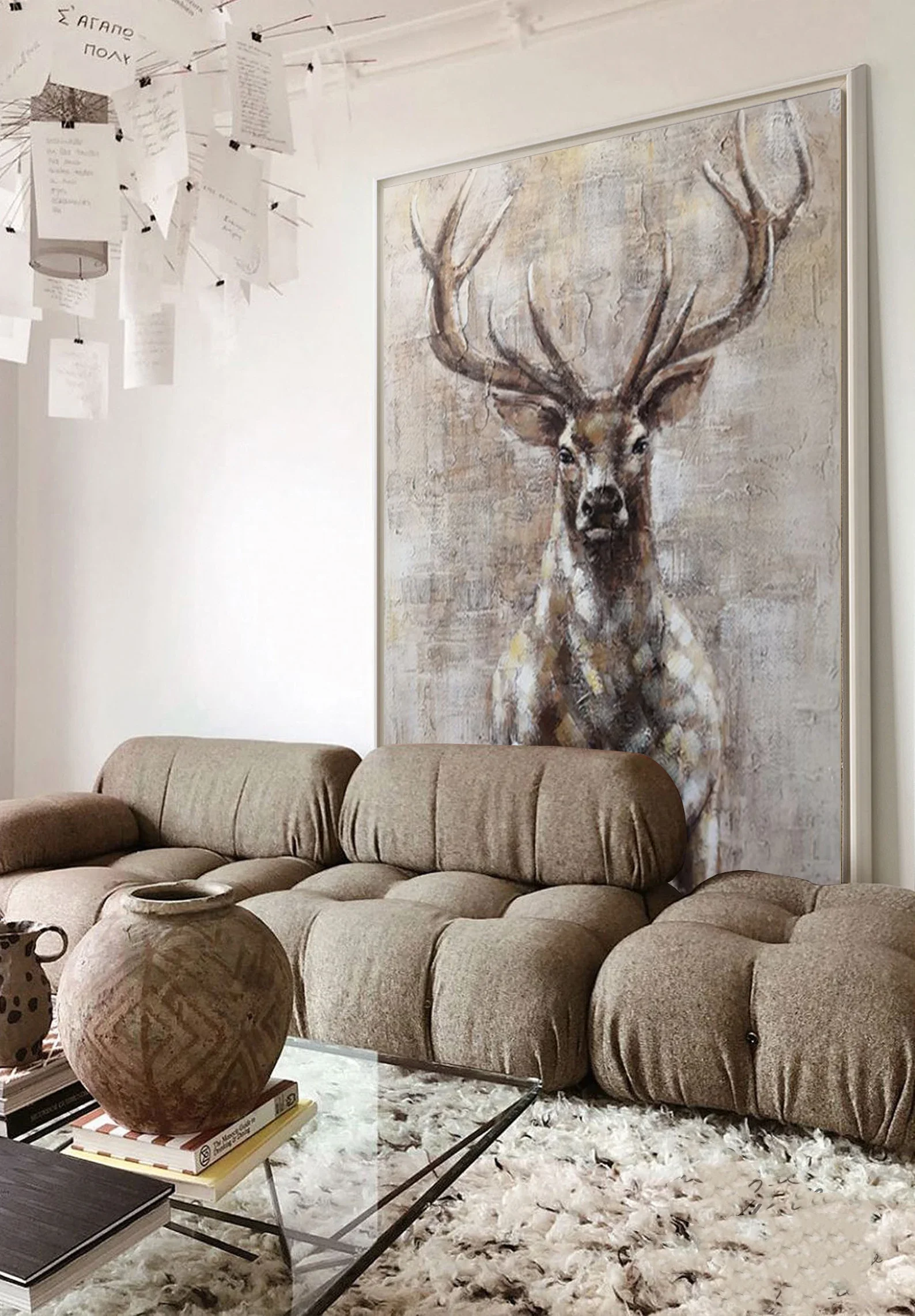 Hand-painted Stag Canvas Wall Art, Large Abstract Deer Oil Painting on Canvas,Modern Animal Painting for Living Room, Home Décor