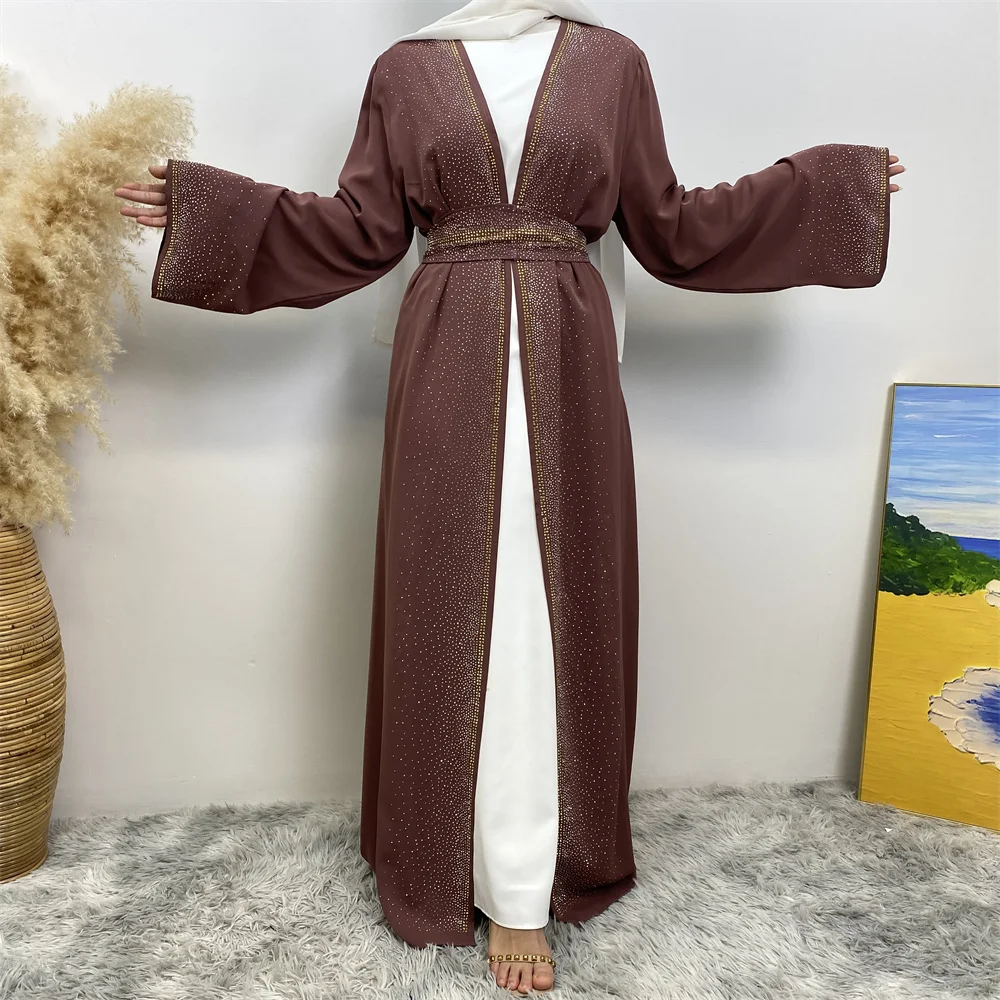 2010# Eid Luxury Sparkle Diamond Open Abaya With Diamond Belt With Side Pockets Nida Material Popular Women Rhinestone Abaya