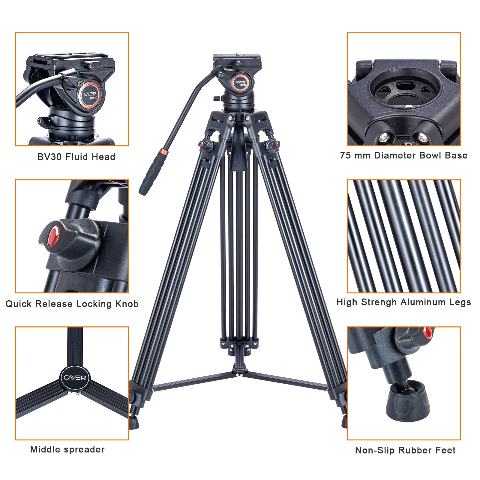 Cayer BV30 hot selling aluminum heavy duty video camera professional tripod with fluid head