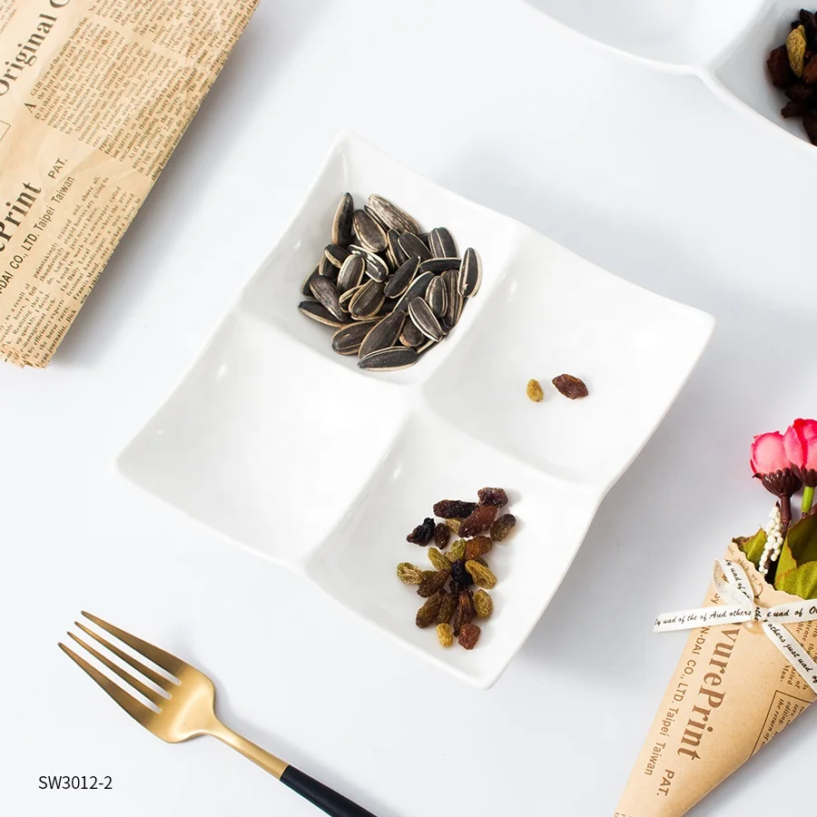 Factory wholesale white ceramic plate 4 compartment divide quadrate serving platter tray for appetizer dessert