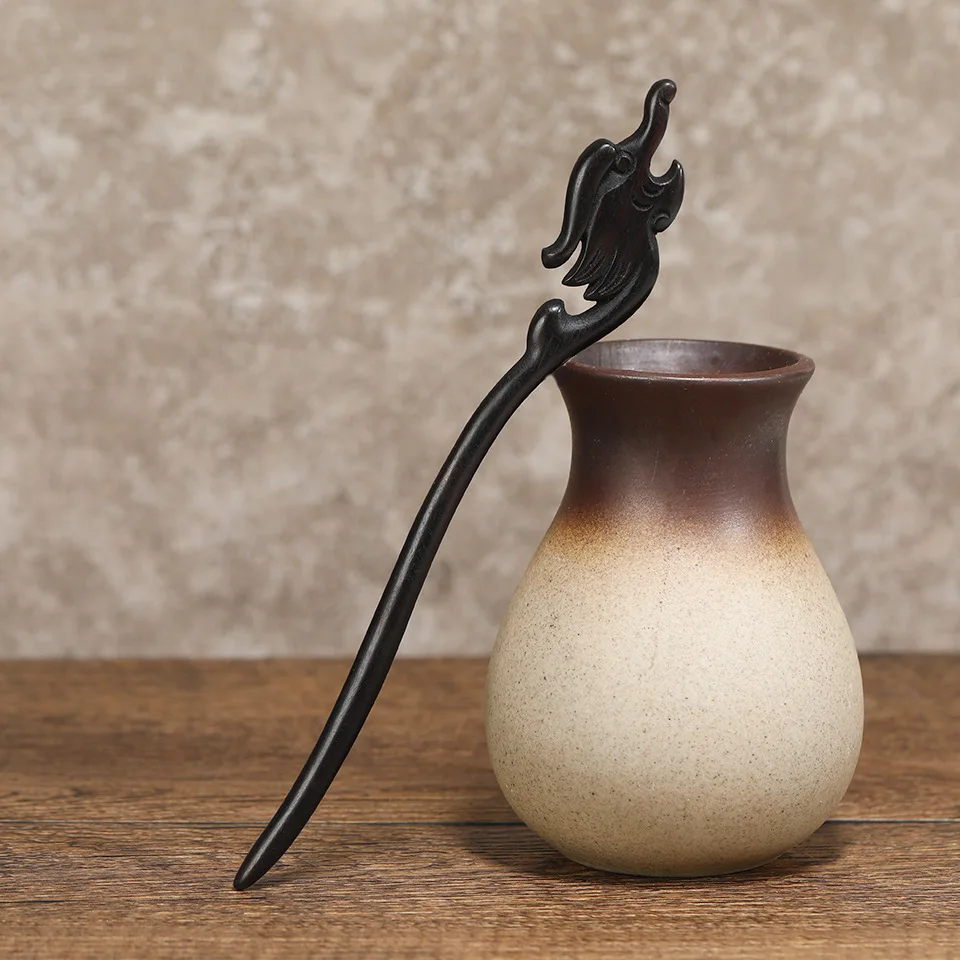 Vintage Retro Chinese Black Wooden Sandalwood Carved Long Horn Fork Pen Hairpin Wood Chopsticks Hair Sticks Pins Picks for Women