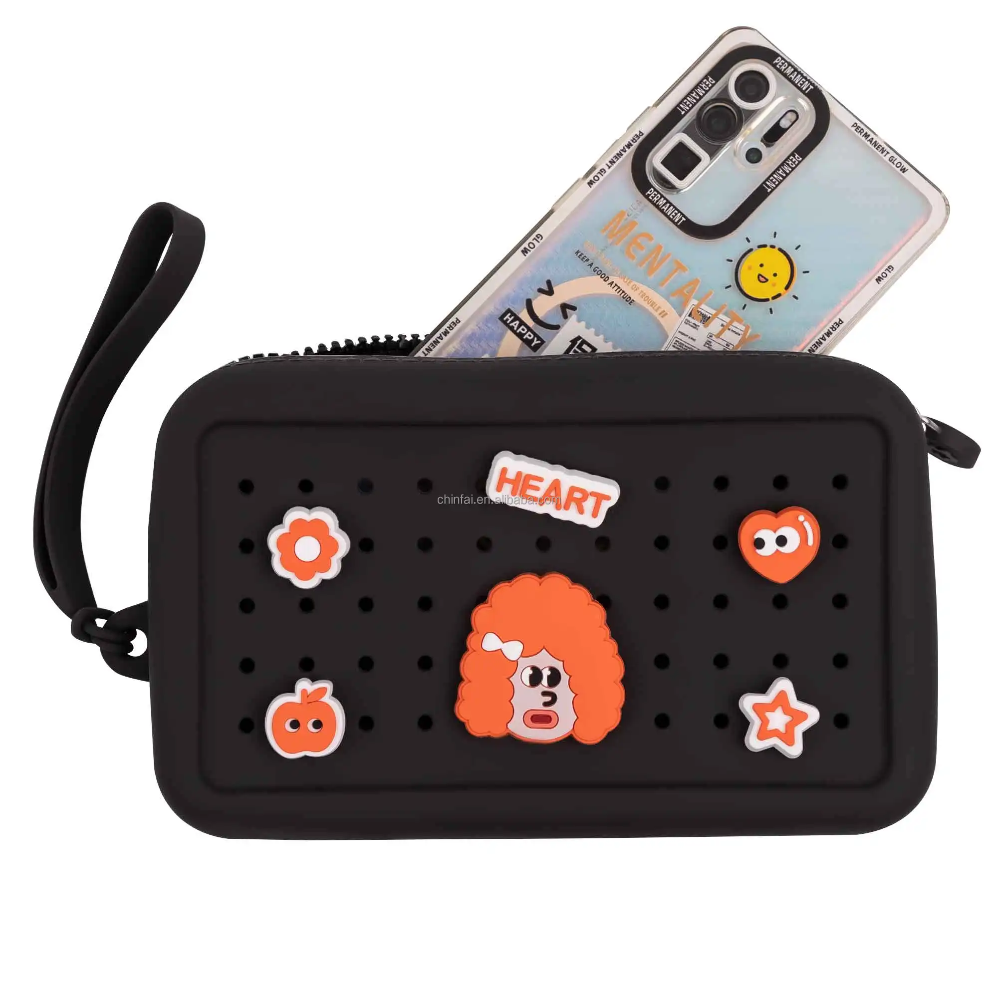 Chinfai Customized Silicone Phone Case Bag Fashionable Lady Style with Durable Strap and Zipper Closure Letter Decoration