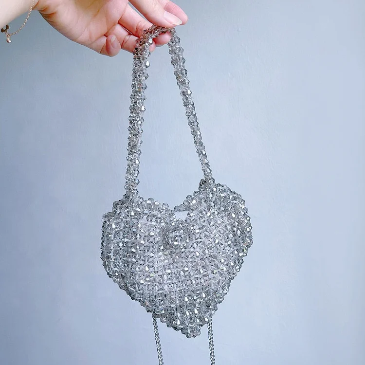 MoyaMiya hot selling handmade macrame silver heart crystal beads shiny bag crochet fashion handbags