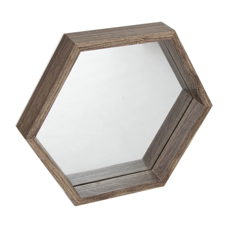 Decorative Wooden Hexagon Shelves Antique brass Color Black Glass Wall Mounted Mirror in High quality