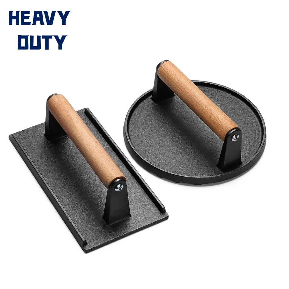 Meat Steak Burger Press Rectangle Heavy Duty Cast Iron Griddle Smash Bacon Press with Wood Handle