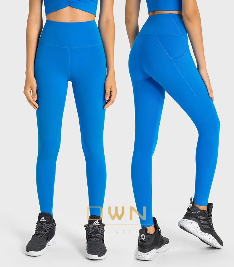 Female Nylon 66 Lycra Anti bacterial Nude Lulu Yoga Pants Double side Inserted pockets High Waist Hip Lifting Sports yoga pants