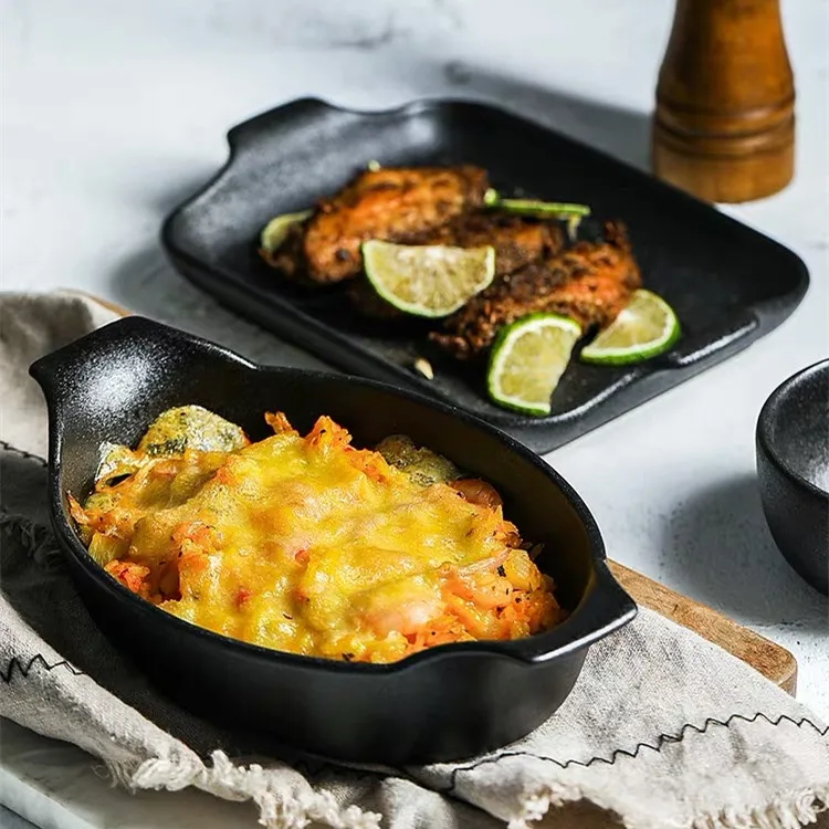 Nordic restaurant home kitchenware black baking pan unique matte design cheese ceramic bakeware