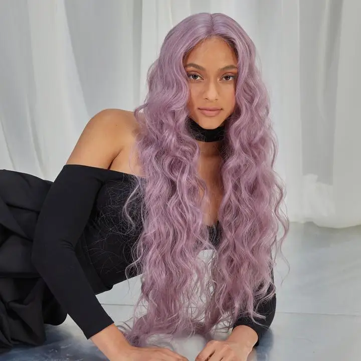 BONI 13*6 Ash Purple Wig free part Easy 360 Synthetic Lace Frontal 31Inch Long Wavy lace front wigs synthetic hair wig