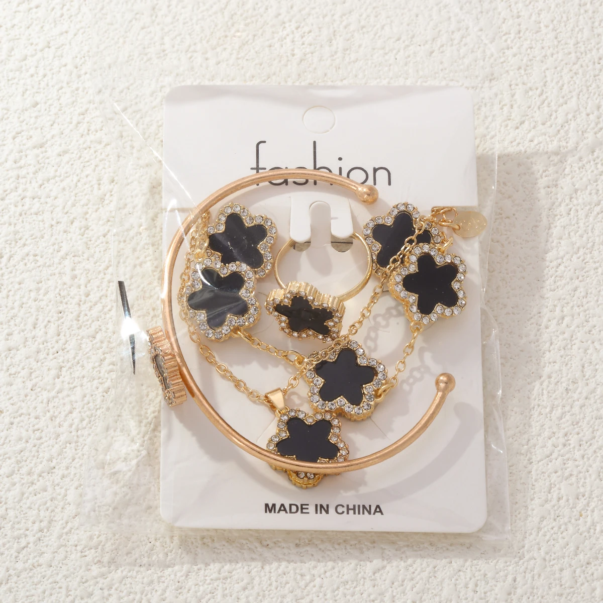 CDD 2024 Women Light Luxury 5Pcs/Set Diamond Clover Necklace Earrings Ring Bracelet&Bangle Five Leaf Flower Jewelry Set