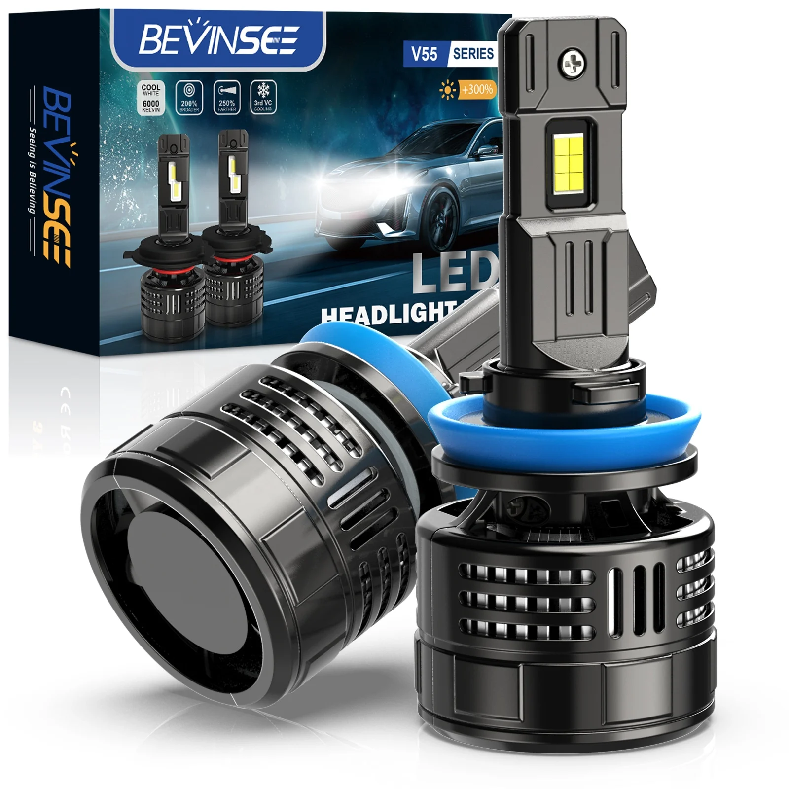 Bevinsee 2PCS V55 H11 H8 H9 Fog Light 150W LED Headlight Bulbs For Kia Forte 14-16
