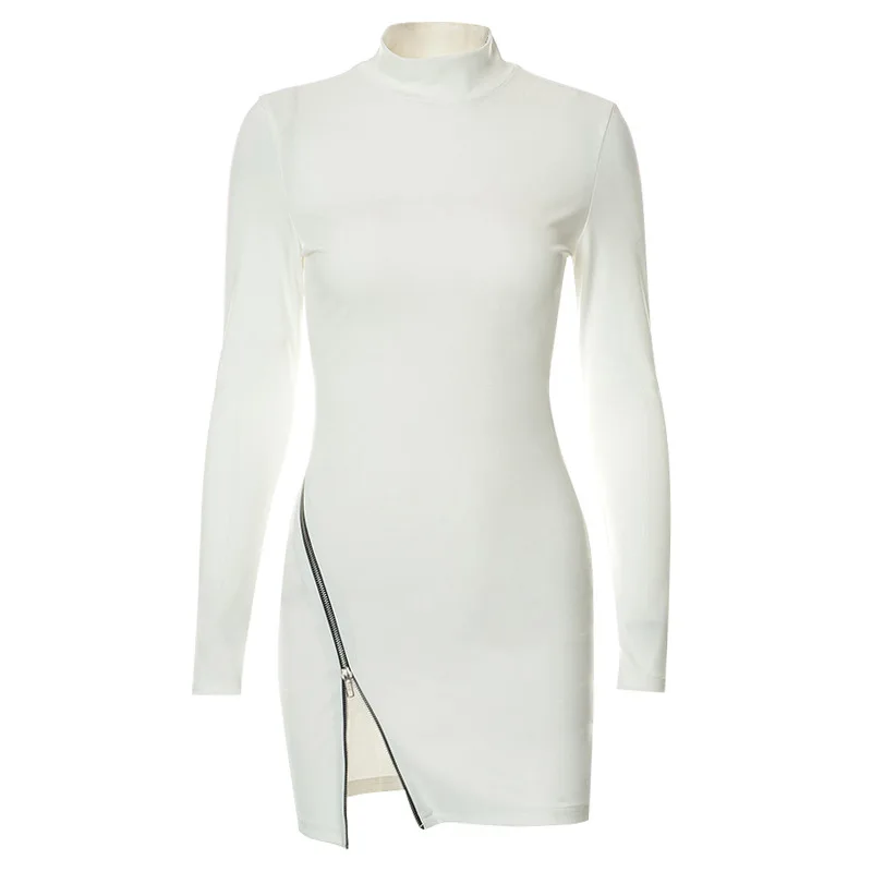 Luluxixiyaya Fashion Slash Asymmetry Sexy Zipper Up Thigh Mini Length Bodycon Turtleneck Night Long Sleeve Dress