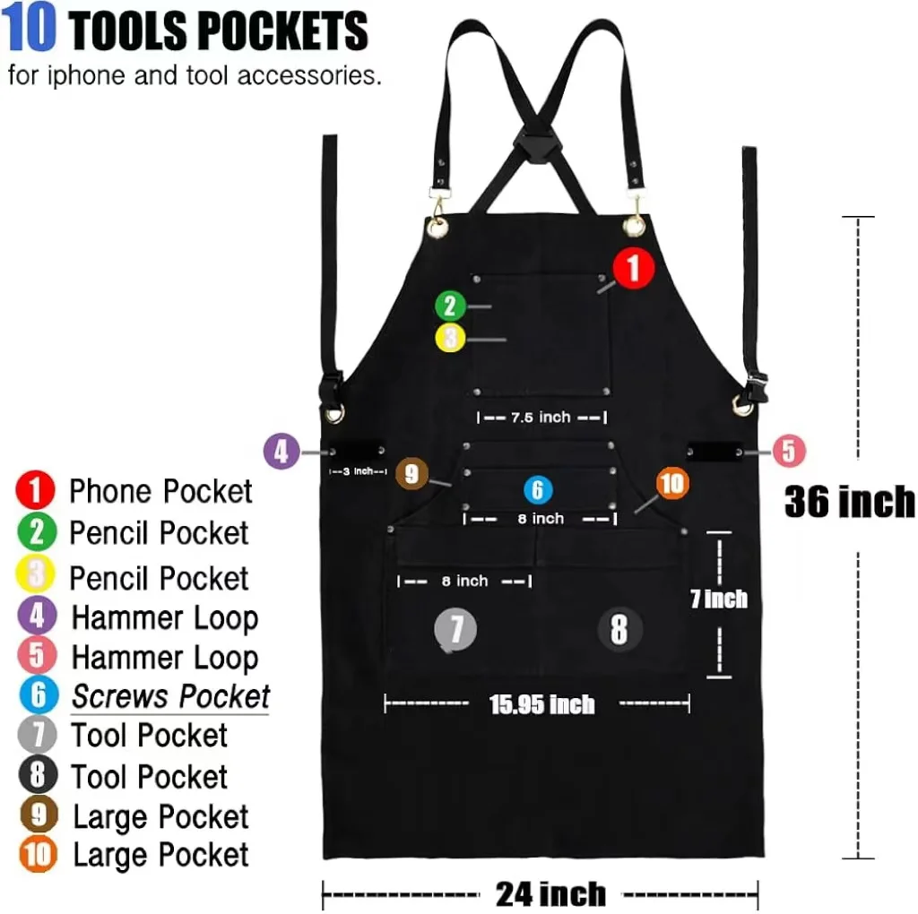 Unisex Heavy Duty 16-pockets waxed Canvas Work Apron New Durable Goods with Cross-Back Straps Adjustable Bib for Kitchen Tools