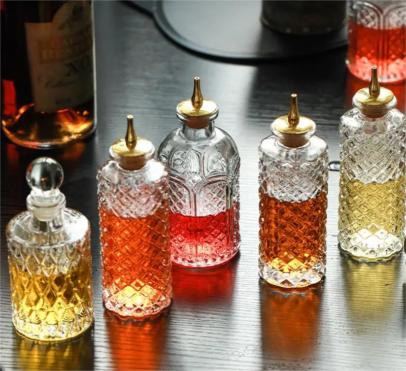 Bitter Bottle Donatello Cocktail Bitter Bottle Glass Wine Bottle with Gold Plated Dasher or Glass Beads Top