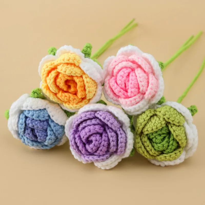 Artificial knitted crochet rose handmade flower wedding bouquet Indoor outdoor Home kitchen desk Christmas decorations