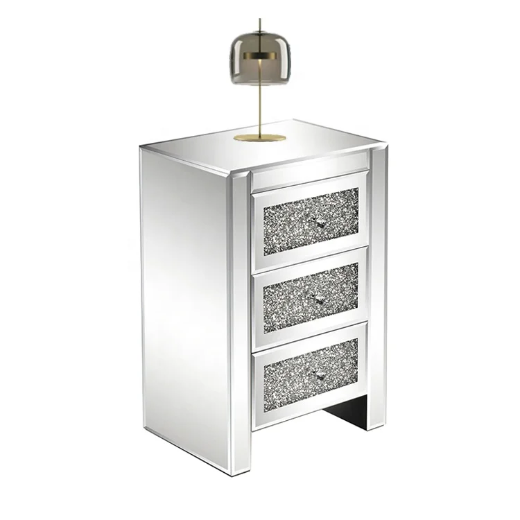 BELLEWORKS Custom Mesitas De Noche Mirrored Bedroom Furniture Cabinet 3 Drawer Mirror Night Stand Beside Side Table