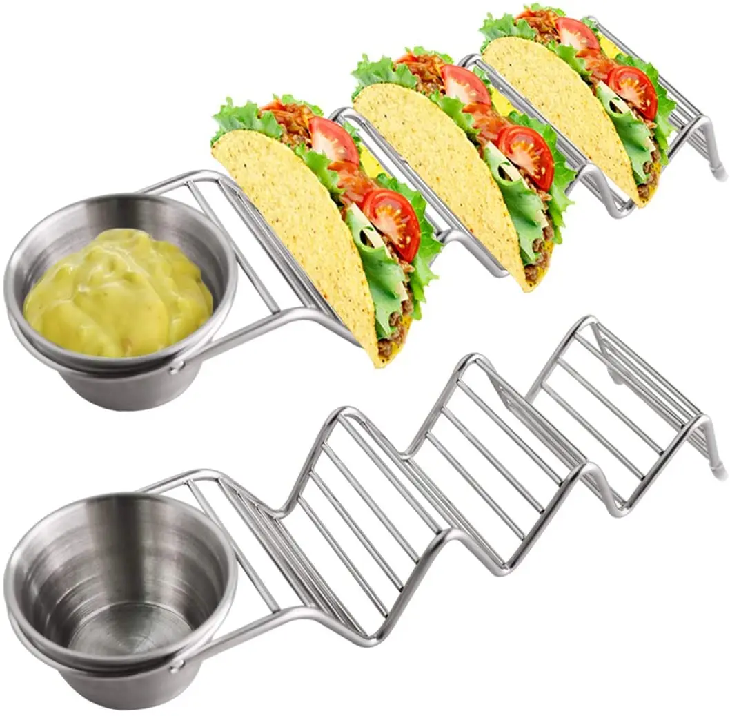 Taco Holder Stand, Stainless Steel Taco Shell Rack Tray with 2 Salad Cups- Oven, Grill and Dishwasher Safe