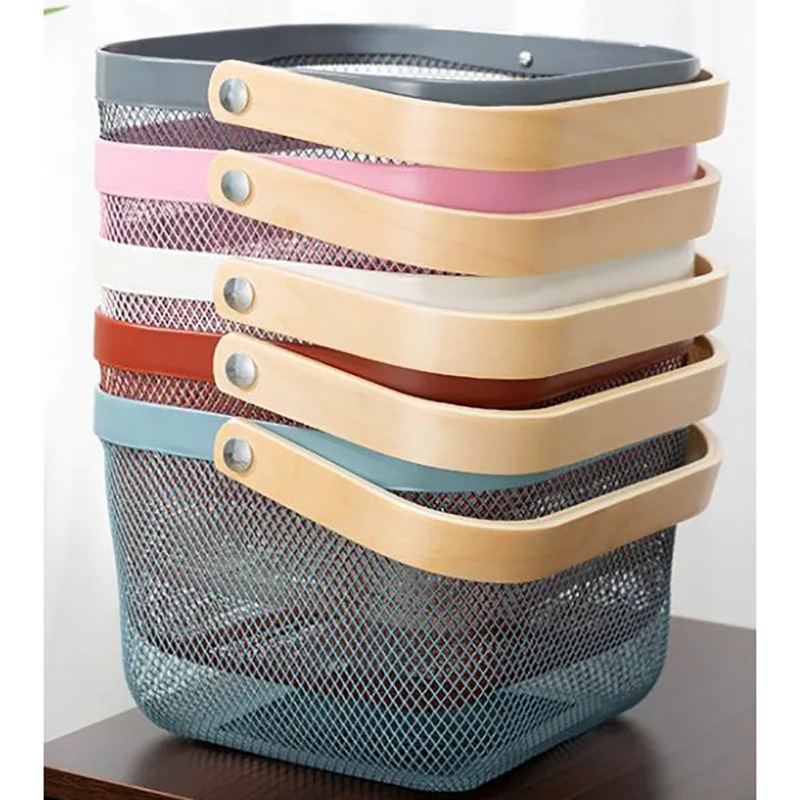 Kitchen Bathroom Pantry Cabinets Home Decor Mesh Steel Storage Organizer Basket Bin with Wood Handle