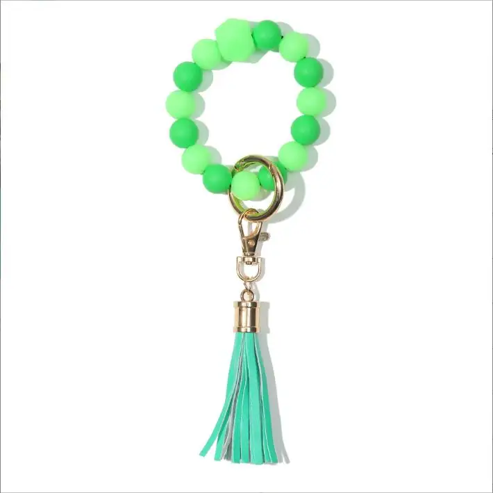 Wristband Keychain Wristlet Bangles Holder Pendant Fluorescent Tassel Key Chain Wrist Keyring Silicone Bead Bracelet