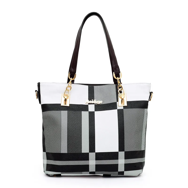 Wholesale Vintage Girl Striped Plaid Leather Ladies Bag 3-Piece Tote Bag Women Handbag Set