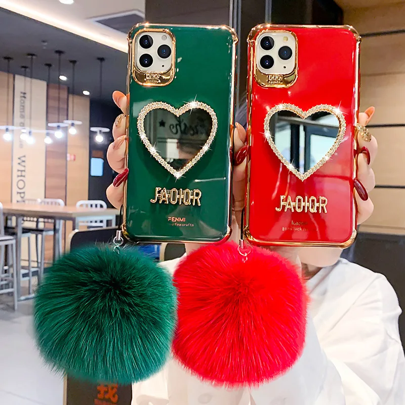 
2021 Hot Selling Heart Mirror Fur Pendant Full Protect iPhone Case Phone Protector for iPhone 11 for iPhone 12 