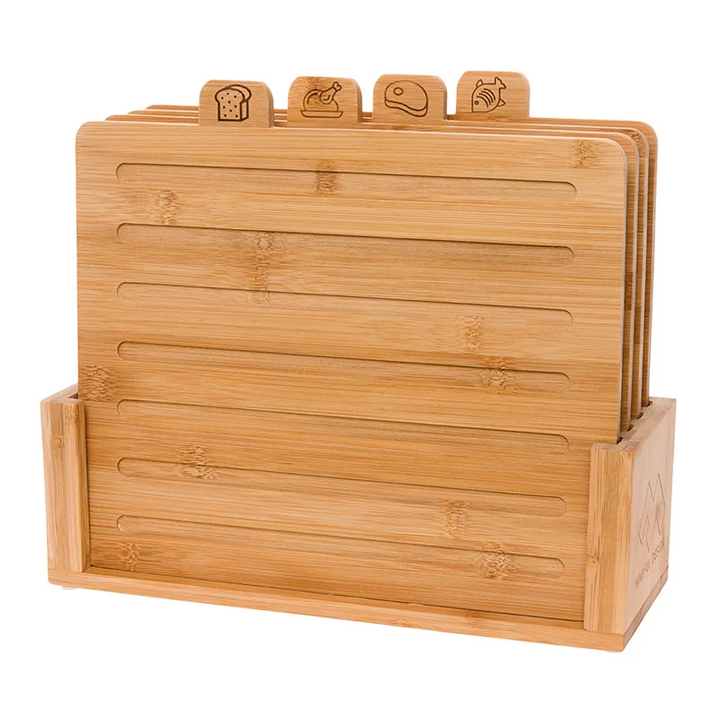 kitchen 4-piece index bamboo cutting board set with storage display stand holder for cheese sandwich fish fruit meat