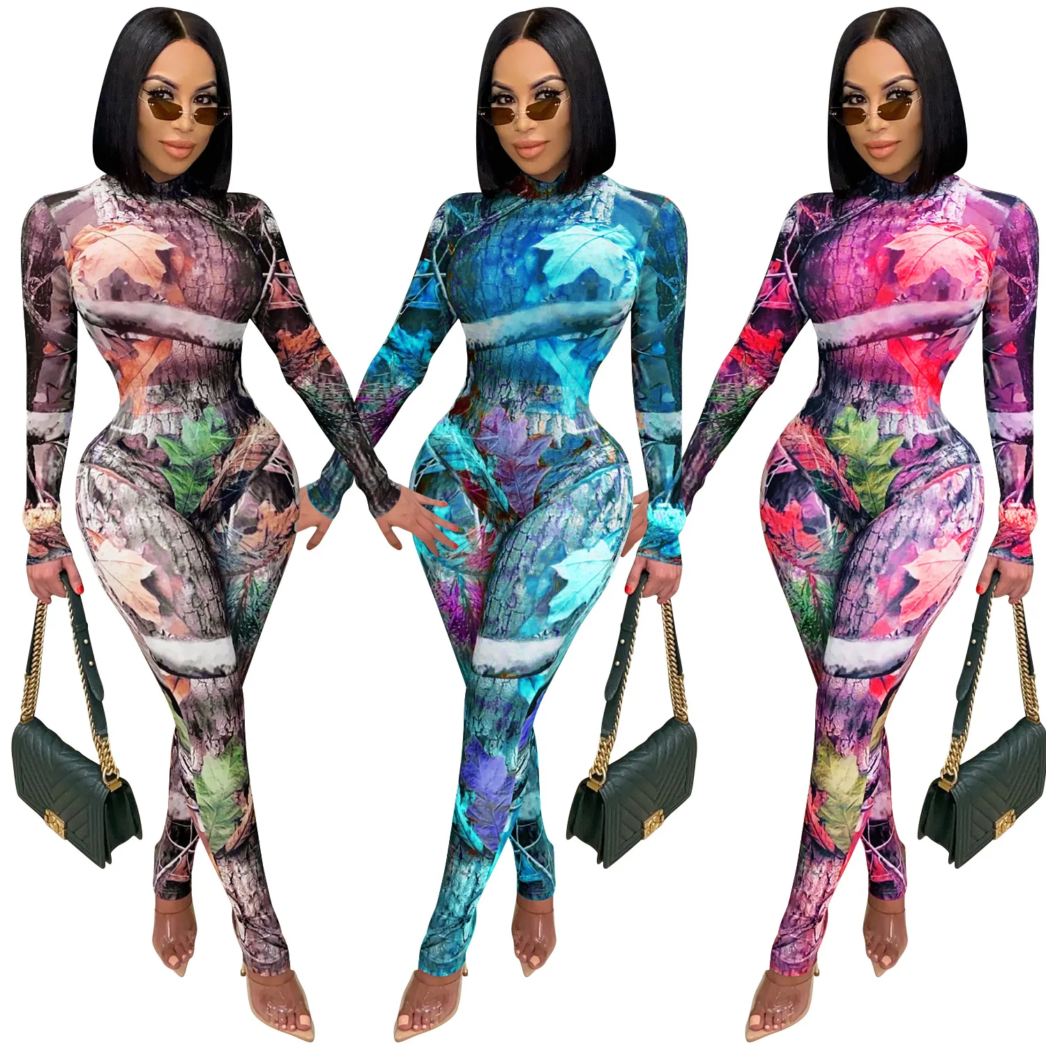 Latest Design Womens Fall Fashion 2024 Leaf Print Casual Two Piece Set Jumpsuits Long Sleeve Jumpsuit Women One Piece Rompers