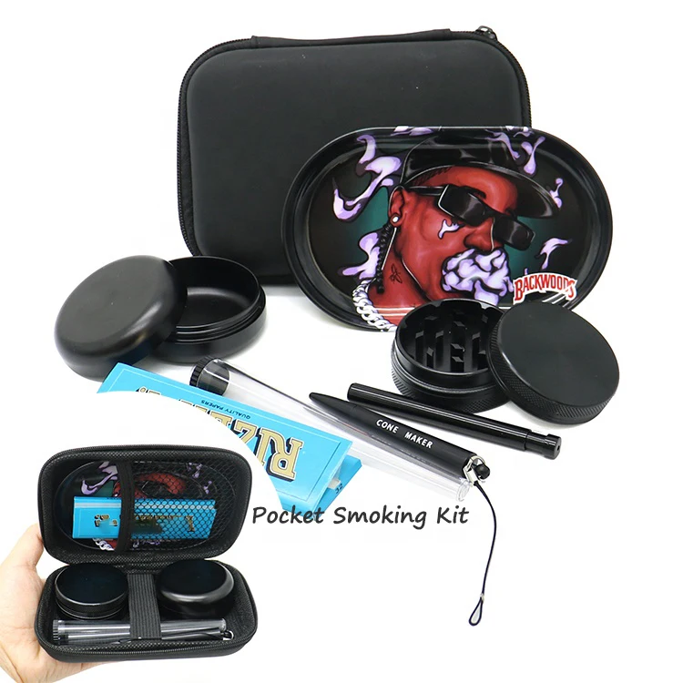 2023 New Travel Outdoor Smoking Kit Husband Boyfriend Gift Pocket Aluminum Smoking Set Herb Grinder Rolling Tray Set Custom
