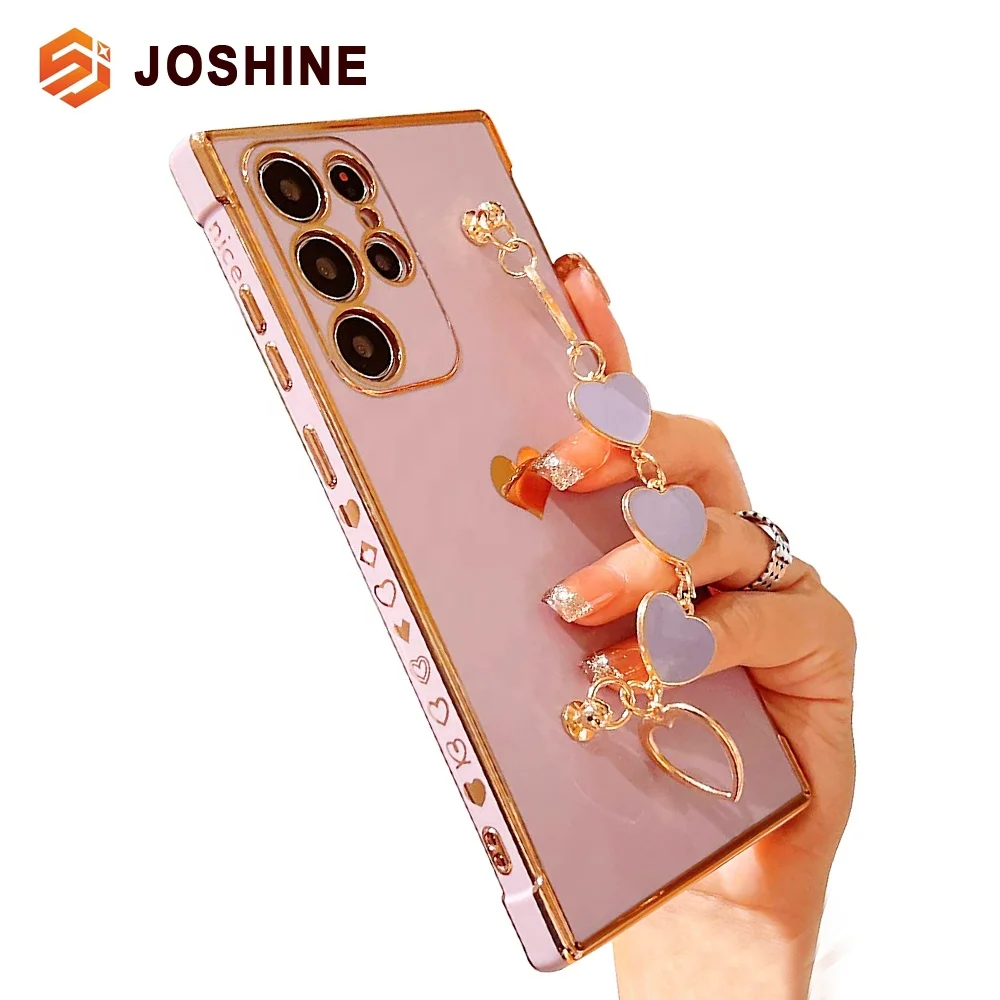 Women Cute Heart Chain Strap Bracelet Plating Shockproof Girls Phone Case for Samsung Galaxy S23 S22 S21 Ultra A52 A53 A13 A12