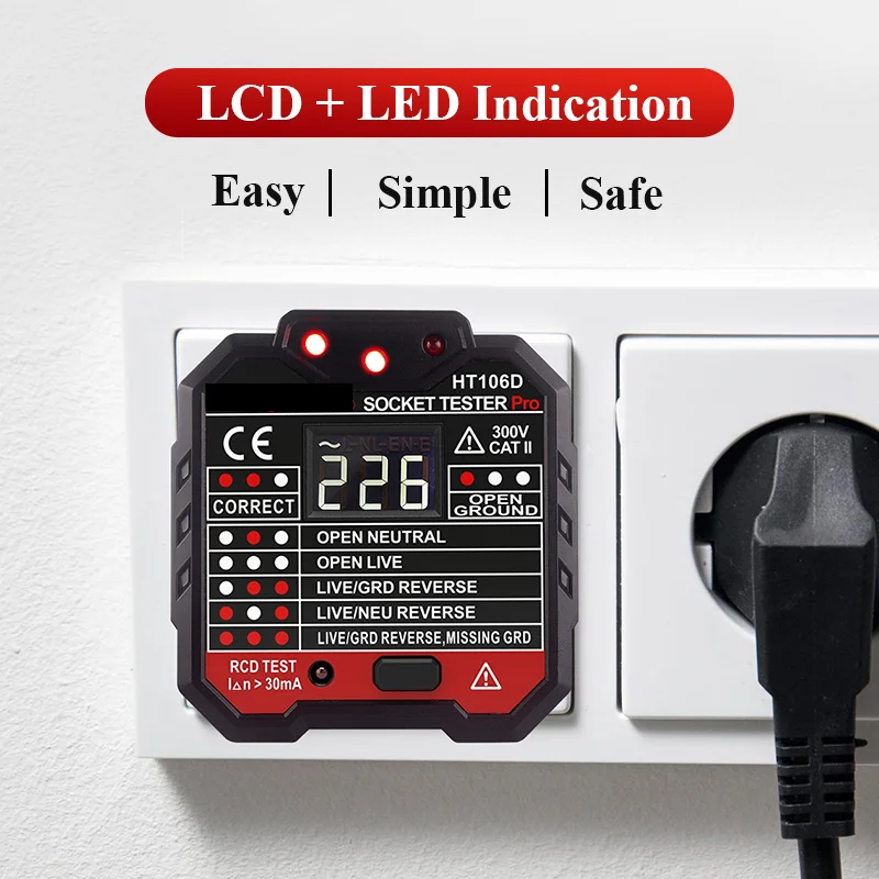 HT106D Voltage Measurement 90-240V EU Socket Tester Power Outlet tester with RCD GFCI