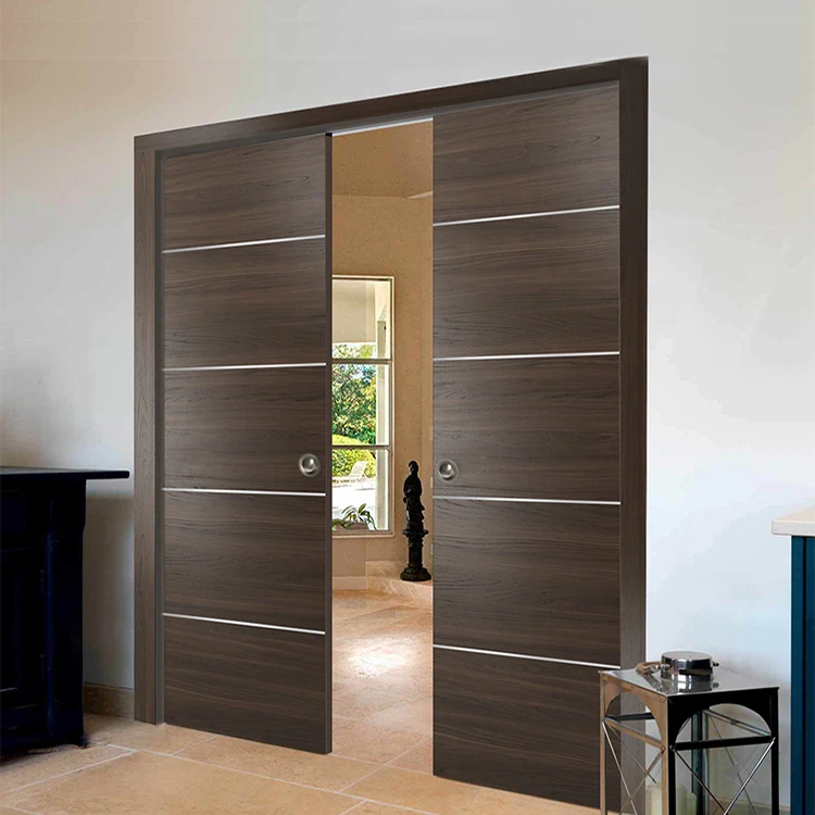 Custom exterior pocket timber doors kit design interior room glass solid wooden sliding hidden pocket door system with lock