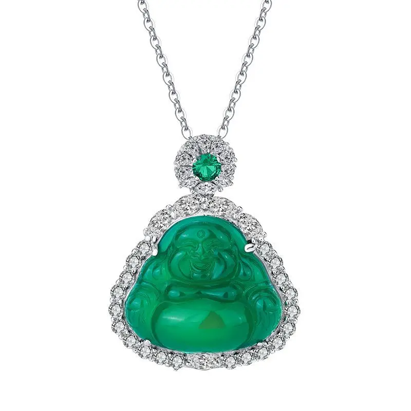 8 Custom Fashion Jewelry Good Luck 925 Sterling Silver Chain Buddha Pendant Necklace Emerald and Ice Chalcedony Buddha Necklaces