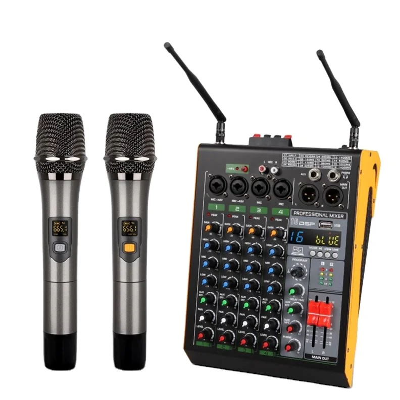 Wholesale Professional  4 Channel 16 DSP Audio mixer 48V Phantom Power With dual wireless Microphone for ktv dj
