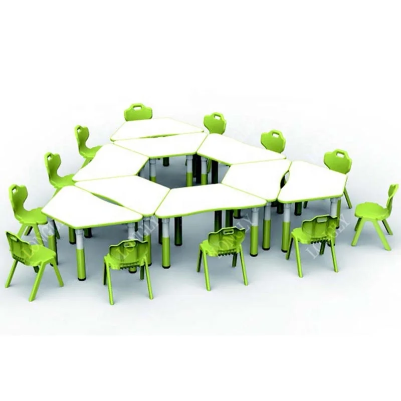 Trapezoid shape multifunction kids table and chair with bookshelves