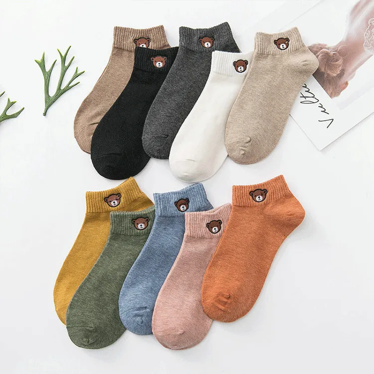 Women Socks Cute Bear Embroidery Custom OEM Socks Low Tube loose Socks Made Embroidery