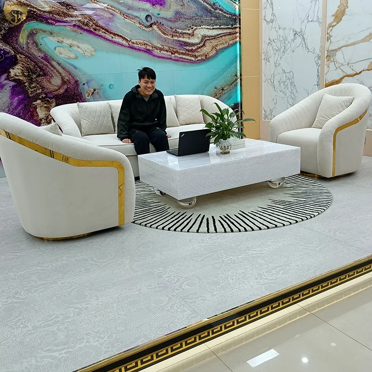 Luxury de sofa set furniture Italian design modern beige gold metal sitting room furniture living room velvet sectional sofa