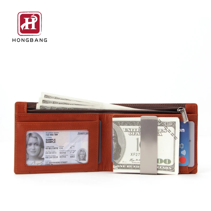 Wallet with money clip OEM customize zipper cash compartment leather wallet