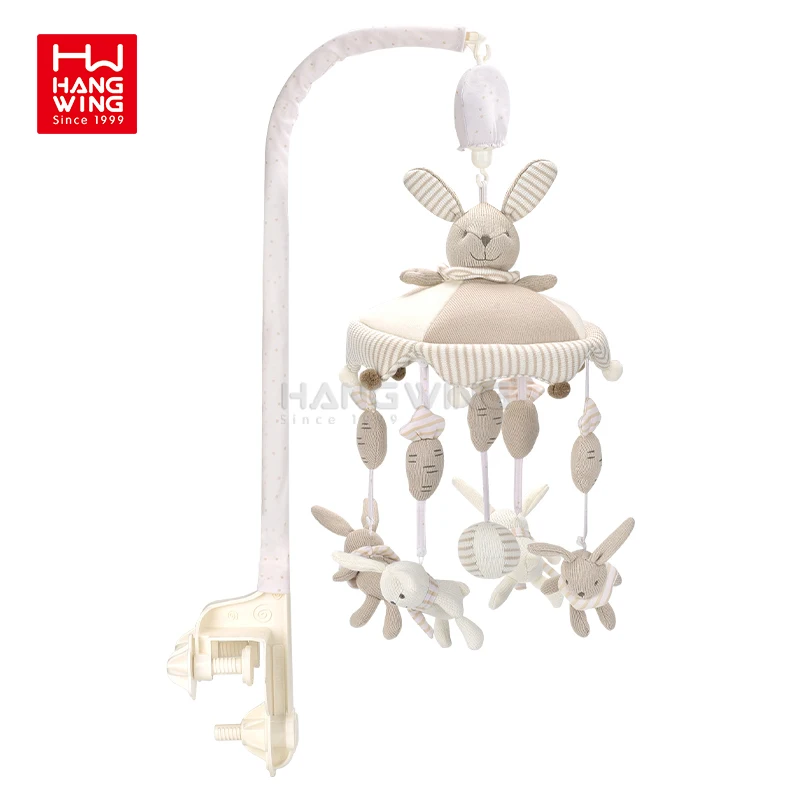 HW 0M  Infant Bed Musical Mobile Bedbell Cute Cartoon Rabbit Shape Rotating Crib Bell with Stuffed Plush Animals Hanging Toys