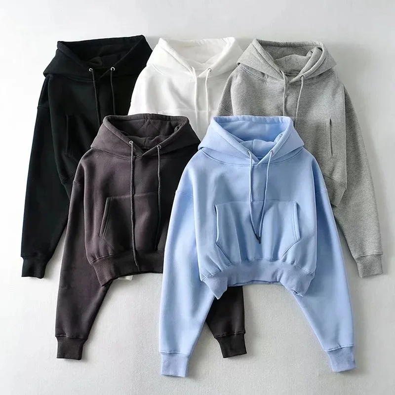OEM Autumn Women Hoodies Pockets Drawstrings Crop Sporty Jacket Female Fitness Yoga Shirt Zipper Up Top Workout Hoodies