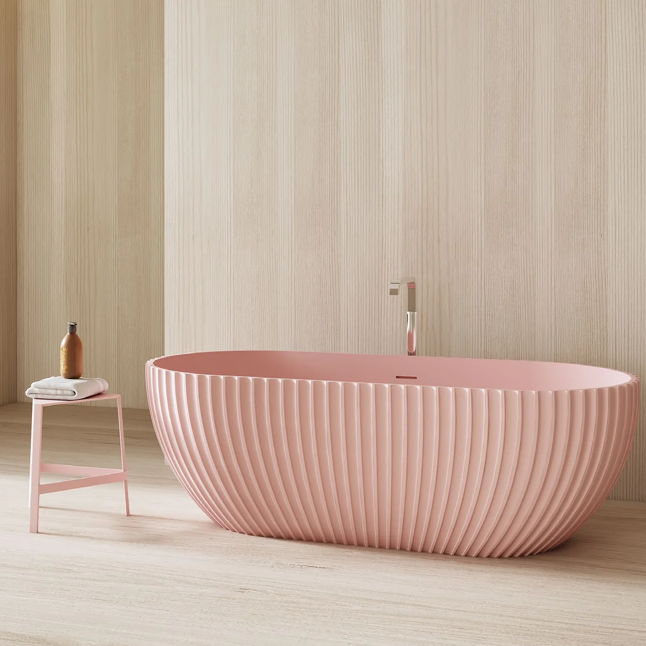 Pink Luxury Tub Freestanding Artificial Stone Resin Pure Acrylic Solid Surface Sink Bathroom Hotel Bathtub With Faucet