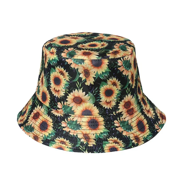 Black Summer Sunflower Print Reversible Fisherman Bucket Hats