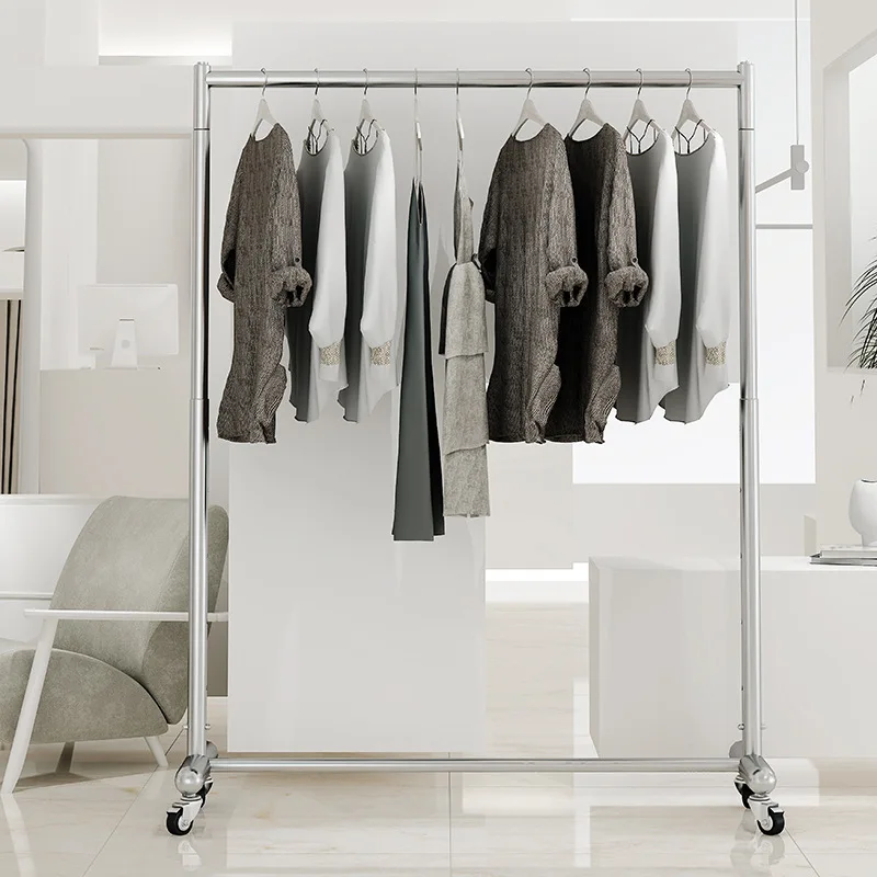 Wholesale Stainless Steel Movable Metal Clothing Garment Hanger Display Stand Clothes Rack For Clothing Store With Wheels