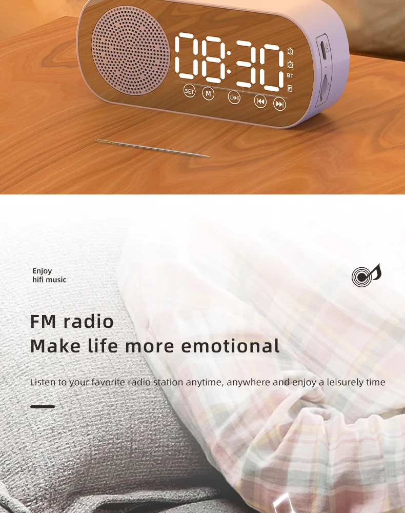 2022 New Product Alarm Clock With Mirror Digital Clock USB Charging Mini Portable Bluetooth Speaker