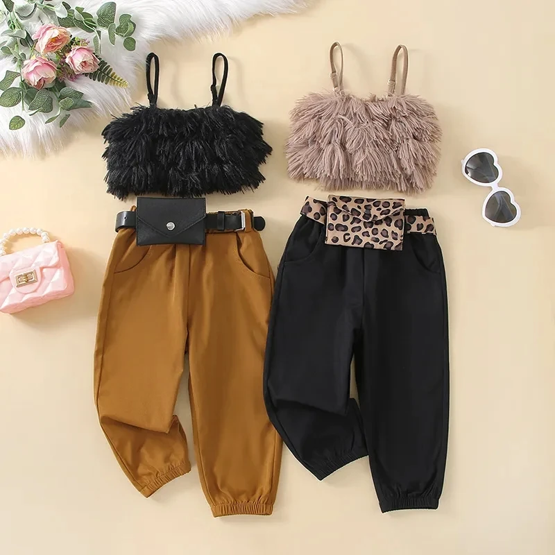 Summer Fashion Kids Girls 3pcs Clothes Sets Furry Spaghetti Strap Tank Tops + Long Pants + Waist Bag Children Outfits