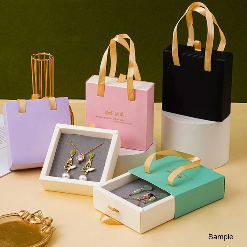 Gifts Box Paper Drawer Jewelry Box with Handle Portable Ring Earrings Necklace Display Box Pendant Dust-proof Storage Case
