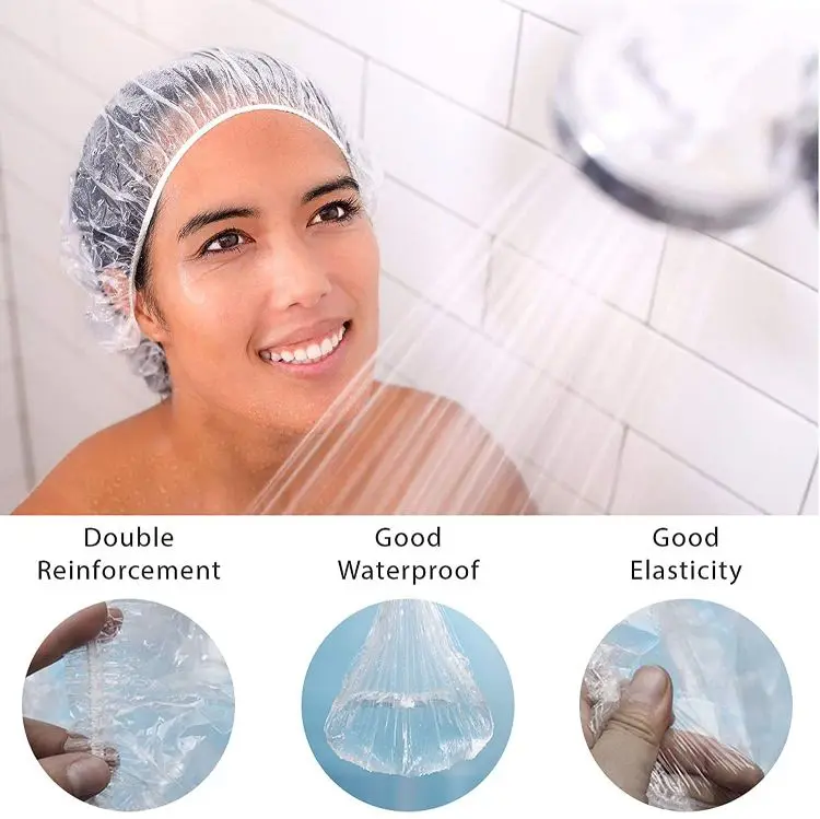 Custom 100~200pcs Waterproof Thickening Elastic Clear Bathing Cap Salon Hotel Travel Disposable Plastic Pe Shower Cap For Unisex