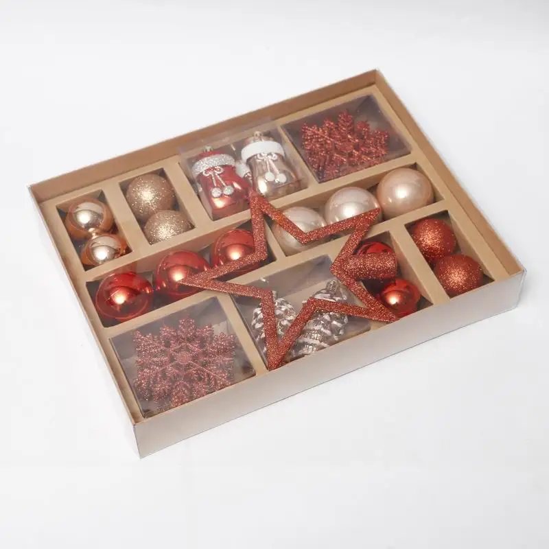 Wholesale gifts plastic ball ornaments mixed in brown paper box 71pcs suit pack fashion luxury Christmas tree decorations