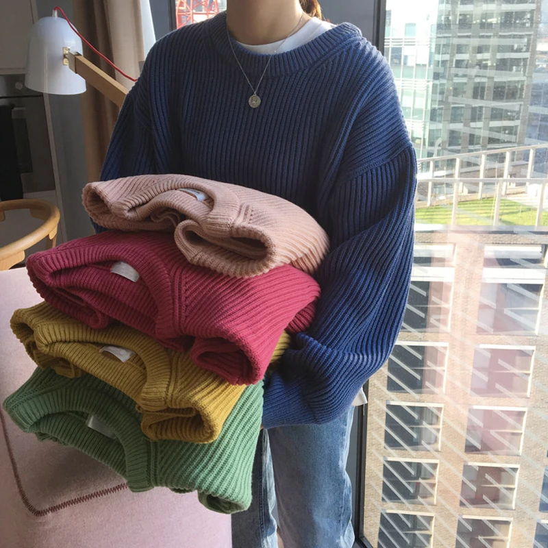 Oversized Loose Women Knitted Sweaters O-neck Long Sleeve Pullovers Vintage Ladies Jumpers Rose Green Knitwear Femme Pull
